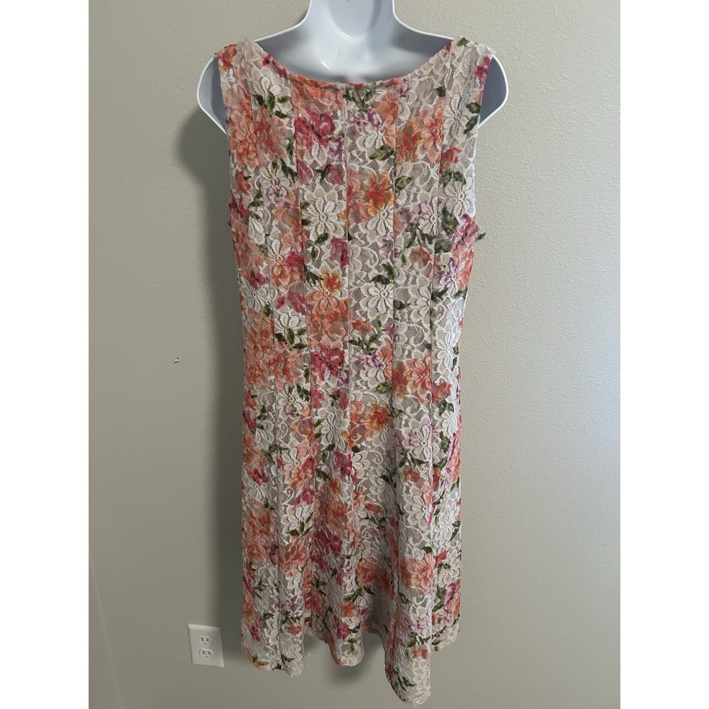 Floral Splash Lace Dress~ L~ Sleeveless Gored Fit & Flare Tea Party Fem Fairy - Picture 6 of 16